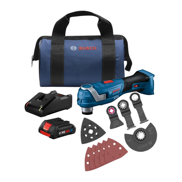 Bosch GOP18V-34 brushless multi-tool kit, with charger, CORE18V battery, blades, sanding pad, and bag.