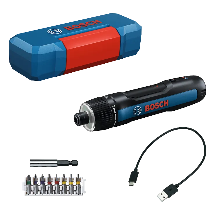 Bosch cordless rechargeable screwdriver GSD4V-35 product image shown with accessories and hard case.