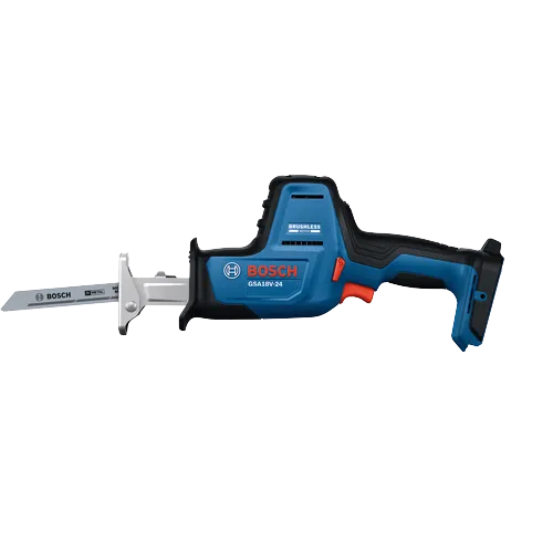 A profile view of Bosch GSA18V-24 compact reciprocating saw including saw blade without battery on transparent background.