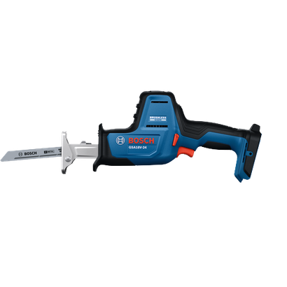 A profile view of Bosch GSA18V-24 compact reciprocating saw including saw blade without battery on transparent background.