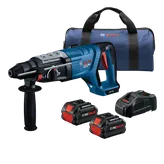 Bosch GBH18V-28DCB28 SDS-plus® Bulldog™ Rotary Hammer Kit shown with two 18V 8 Ah batteries, battery charger and soft bag.