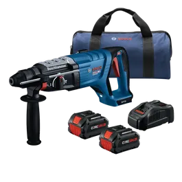Bosch GBH18V-28DCB28 SDS-plus® Bulldog™ Rotary Hammer Kit shown with two 18V 8 Ah batteries, battery charger and soft bag.