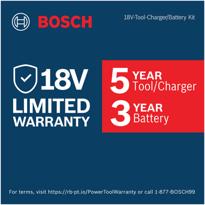 Bosch 18V Limited Warranty badge stating 5 Years for Tool/Charger and 3 Years for Battery.