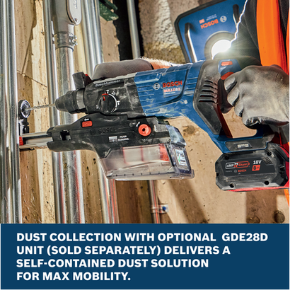 Bosch GBH18V-28DCB28 SDS-plus® Bulldog™ Rotary Hammer shown drilling into a wall with optional GDE28D dust collection unit.