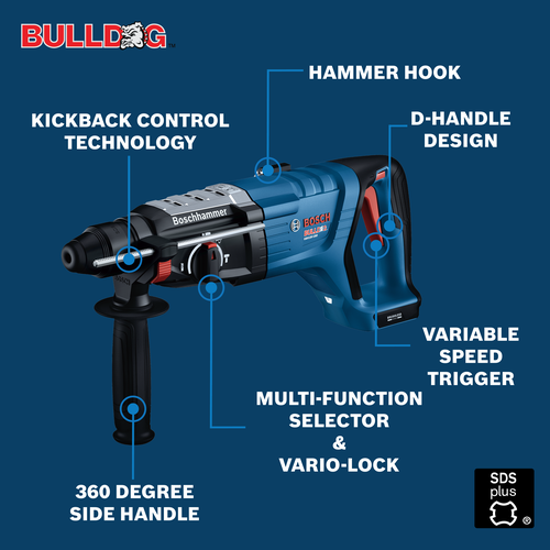 Bosch GBH18V-28DC SDS-plus® Bulldog™ Rotary Hammer shown with text and arrows pointing to the tool feature on blue.