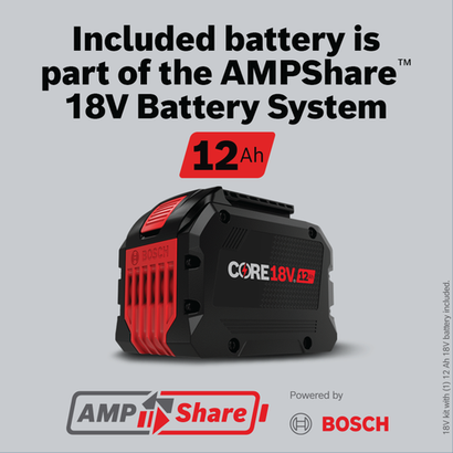Included 12 Ah battery is part of the AMPShare™ 18V Battery System showing one 12 Ah battery, the Bosch and AMPShare logo.