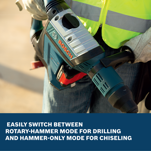 A worker holding a Bosch GBH18V-45L PROFACTOR™ 18V SDS-max® 1-7/8 In. Rotary Hammer showing the dial to switch between modes.