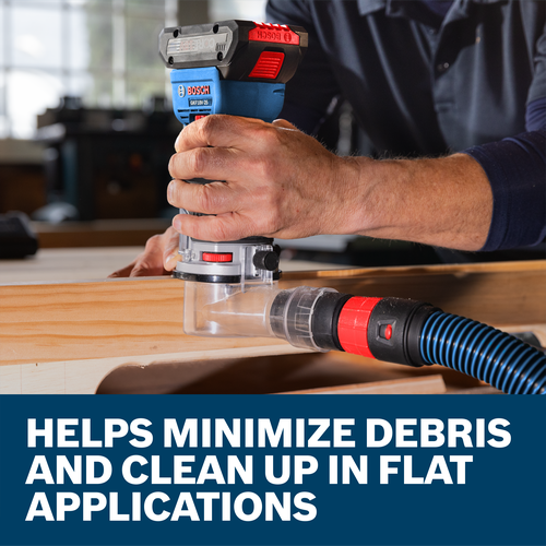 Bosch GKF18V-25 18V Colt™ Palm Router and RA1132 Edge Routing Dust Extraction Hood showing the hood helping minimize debris.