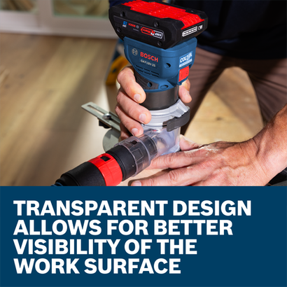 Bosch GKF18V-25 18V Colt™ Palm Router and RA1132 Edge Routing Dust Extraction Hood showing the transparent hood design.
