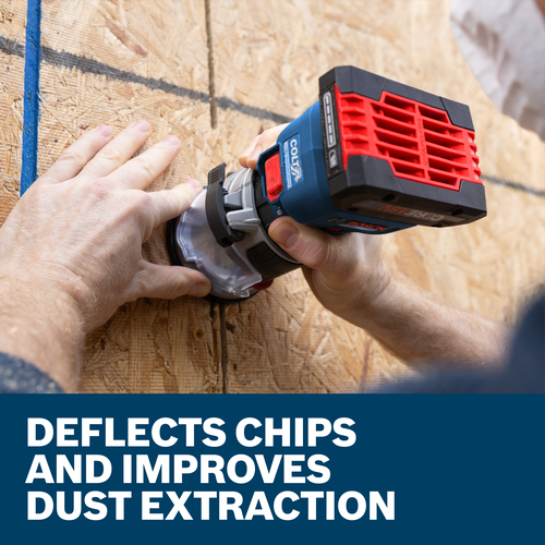 A worker using a Bosch GKF18V-25 Colt Palm Router with RA1130 Palm Router Chip Protection Guard attached to extract dust.