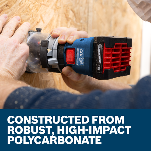 A worker using a Bosch GKF18V-25 Colt Palm Router with RA1130 Chip Protection Guard on a wood panel.