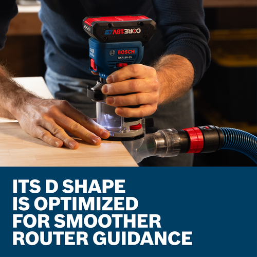 A worker using the Bosch GKF18V-25 Colt Palm Router with the GKFD01 Palm-Router-D-Shaped-Subbase on a wood table.