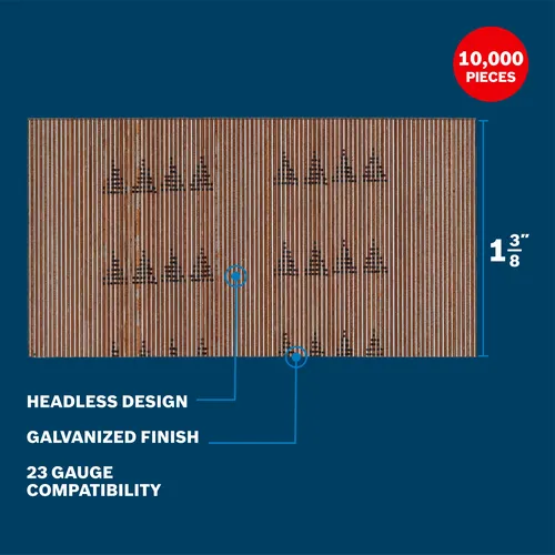Bosch GNH23G137GV 1-3/8 in. 23 gauge pin nails walkaround displaying an image of the nails and the feature and benefits.