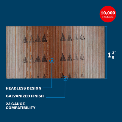 Bosch GNH23G137GV 1-3/8 in. 23 gauge pin nails walkaround displaying an image of the nails and the feature and benefits.