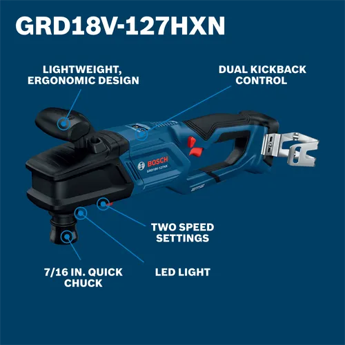 Bosch GRD18V-127HXN 18V 7/16 In. High Torque Right Angle Drill bare tool walkaround pointing to the feature and benefits.