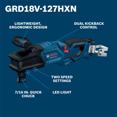 Bosch GRD18V-127HXN 18V 7/16 In. High Torque Right Angle Drill bare tool walkaround pointing to the feature and benefits.