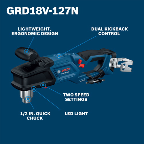 Bosch GRD18V-127N 18V High Torque Right Angle Drill ½ In. bare tool walkaround pointing to the feature and benefits.