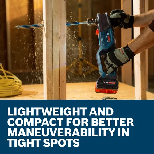 A worker using a Bosch GRD18V-127HX 18V High Torque Right Angle Drill to drill a hole through wood framing.