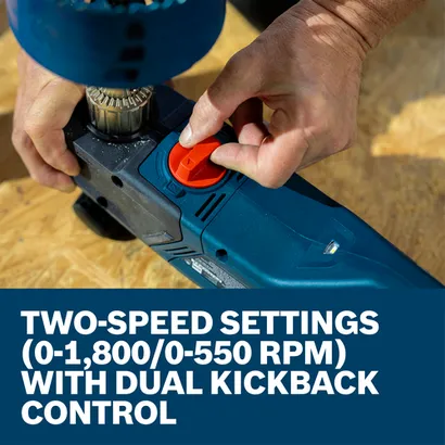 A worker adjusting the speed setting dial on the Bosch GRD18V-127 18V High Torque Right Angle Drill ½ In.