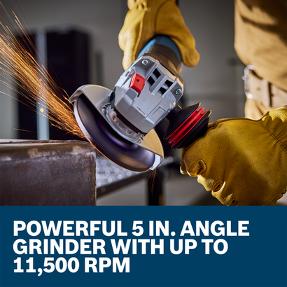 A worker using the Bosch GWS14-50 5 In. Angle Grinder to grind seams on metal.