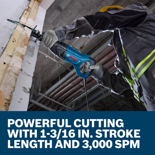 A worker cutting through a wood stud with a Bosch GSA12-30 Corded Reciprocating Saw.