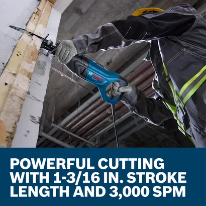 A worker cutting through a wood stud with a Bosch GSA12-30 Corded Reciprocating Saw.