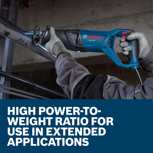 A worker using a Bosch GSA12-30 Corded Reciprocating Saw to cut through a metal pipe.