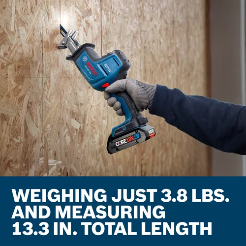 A worker using a Bosch GSA18V-24 18V Compact Reciprocating Saw to cut through OSB board.