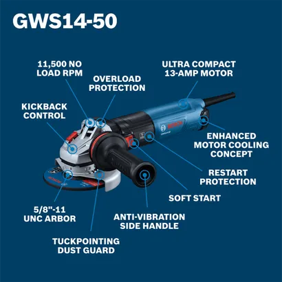 Bosch corded 5 in. angle grinder GWS14-50 model in walkaround view.