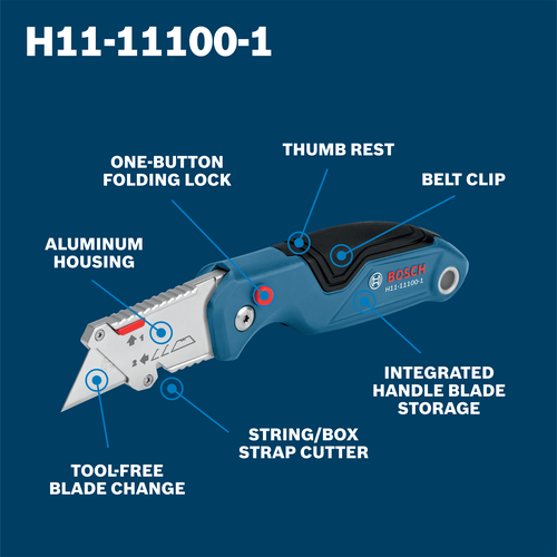 A walkaround image of Bosch H11-11100-1 folding utilty knife displaying features.