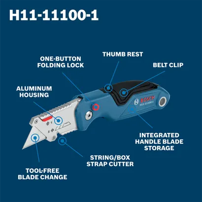 A walkaround image of Bosch H11-11100-1 folding utilty knife displaying features.