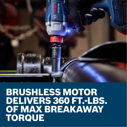 A worker loosening a bolt on a fitting with the Bosch GDX18V-285 18V Two-In-One Bit/Socket Impact Driver/Wrench.