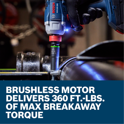 A worker loosening a bolt on a fitting with the Bosch GDX18V-285 18V Two-In-One Bit/Socket Impact Driver/Wrench.