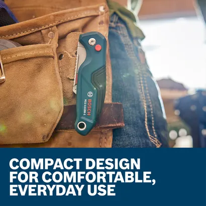 The Bosch H11-11100-1 folding utilty knife is shown clipped to a worker's toolbelt.