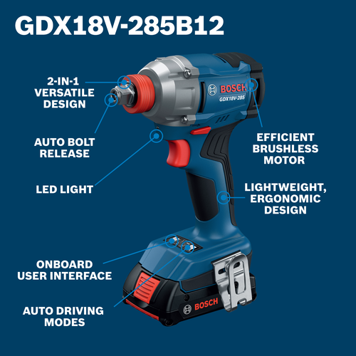 A walkaround image of Bosch GDX18V-285 18V Two-In-One 1/4 In. and 1/2 In. Bit/Socket Impact Driver/Wrench.