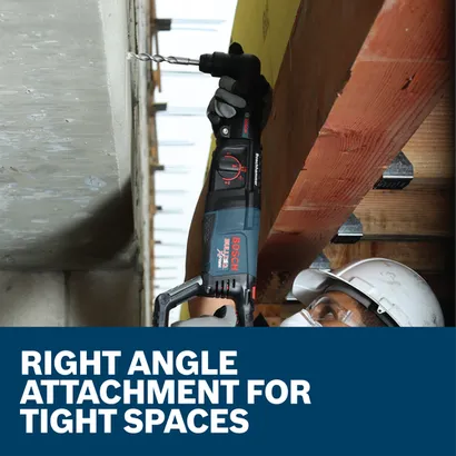 A worker using a Bosch RHA-50 SDS-plus® Right Angle Attachment and a drill bit on a Bosch rotary hammer drilling into a wall.