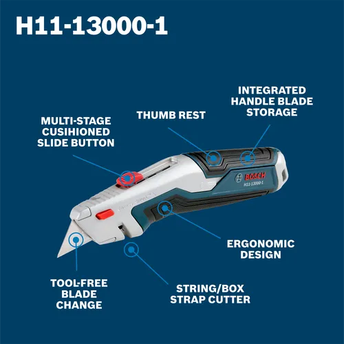 A walkaround image of Bosch Retractable Utility Knife H11-13000-1 displaying features.