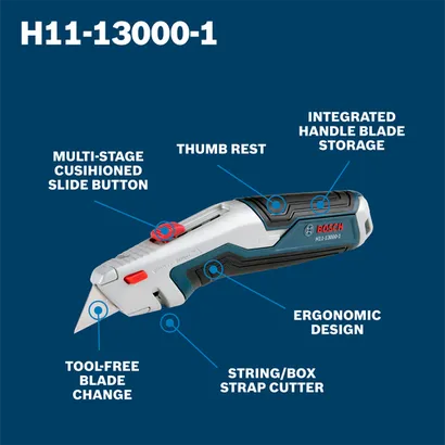 A walkaround image of Bosch Retractable Utility Knife H11-13000-1 displaying features.