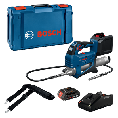 Bosch GFP18V-10L12 18V Grease Gun Kit with 2 Ah Battery and GAL18V-21 18V Lithium-Ion Battery Charger.