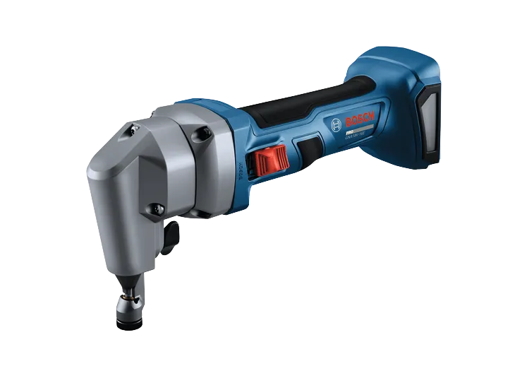 The Bosch GNA18V-16E 18V 16-Gauge Nibbler With Lock-On Slide Switch on a white background.