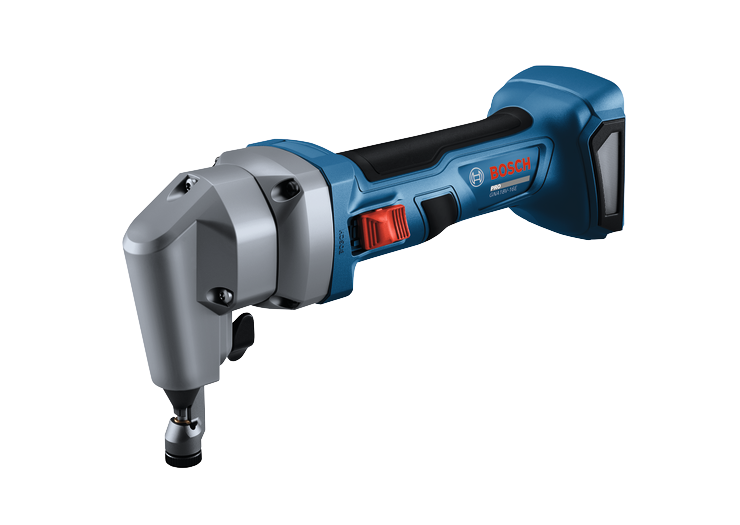 The Bosch GNA18V-16E 18V 16-Gauge Nibbler With Lock-On Slide Switch on a white background.