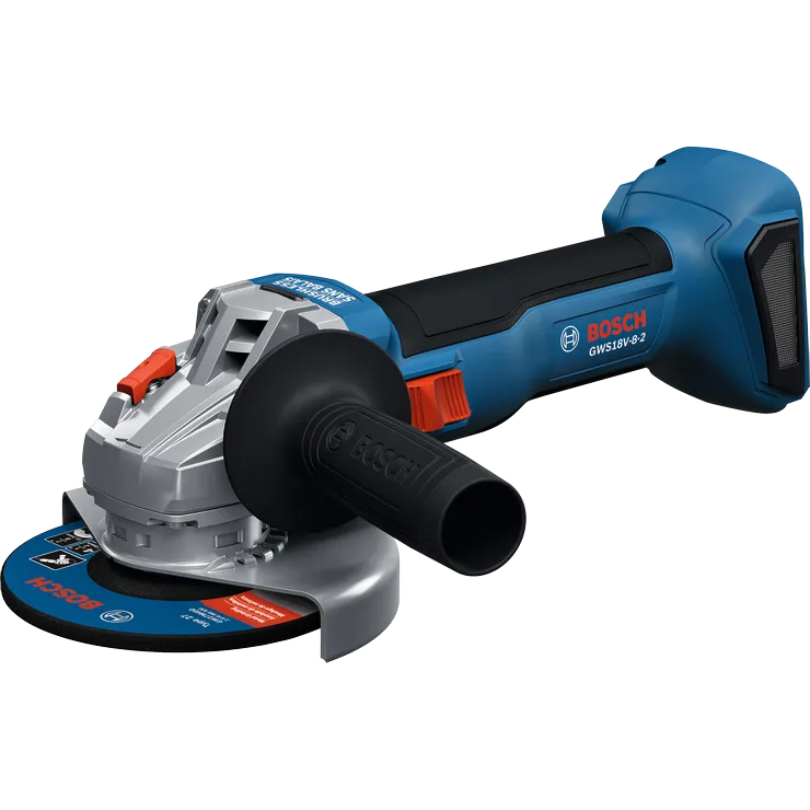 Bosch GWS18V-8-2 18V Brushless 4-1/2 In. Angle Grinder with Slide Switch without battery shown in a dynamic view.