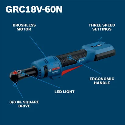 The Bosch GRC18V-60N 18V Cordless Ratchet in a walkaround view.