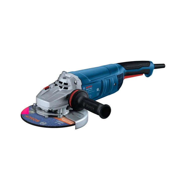 The Bosch GWS22-180J 7 In. Large Angle Grinder in a product image dynamic view on a white background.