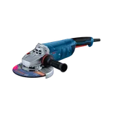 The Bosch GWS22-180J 7 In. Large Angle Grinder in a product image dynamic view on a white background.
