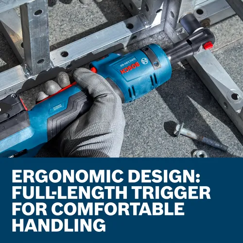 The worker using the Bosch GRC18V-60N 18V Cordless Ratchet to tighten screws on iron bars.