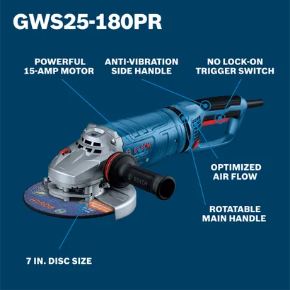 The Bosch GWS25-180PR 7 In. Large Angle Grinder – 15 Amp on a walkaround view.