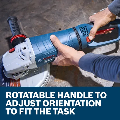 A worker pressing a button to rotate the handle on a Bosch GWS25-180PR 7 In. Large Angle Grinder in a workshop.