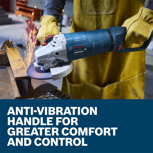 The worker using the Bosch GWS25-180PR 7 In. Large Angle Grinder to grind the edge of a piece of metal in a work shop.