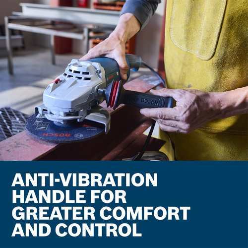 The worker holding the Bosch GWS22-180J 7 In. Large Angle Grinder leaning against a metal surface in a workshop.